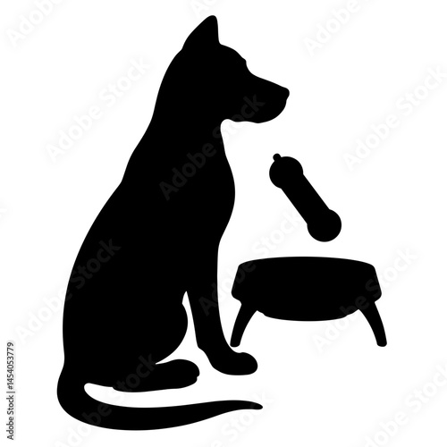 Silhouette of dog awaiting food with toy, pet care concept