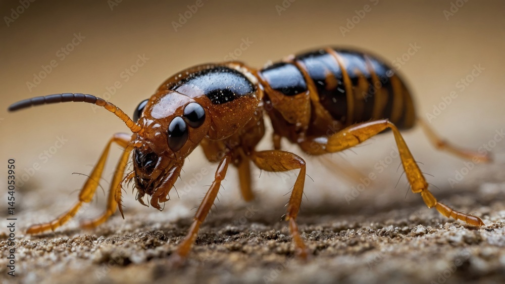 Naklejka premium Detailed close-up of an exotic beetle with shiny exoskeleton and segmented body, walking on textured surface in a nature setting.