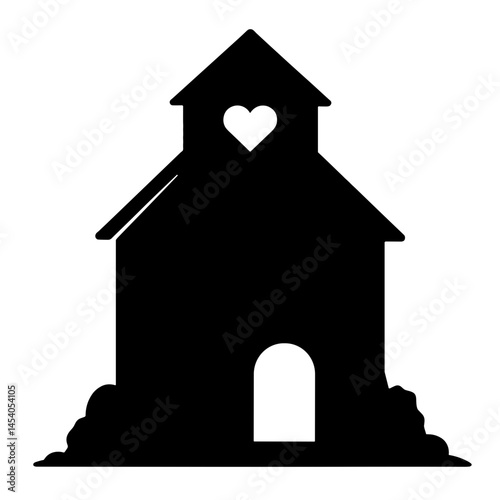 Silhouette of a shelter building with heart and open door, hope