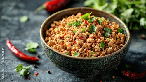 Ground turkey in a bowl with chili flakes and coriander