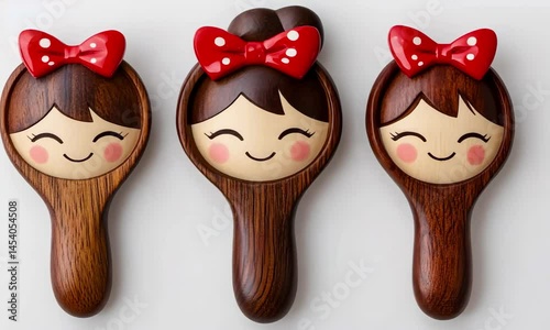 Wooden maracas dancing with smiling faces and red bow ties on a white background