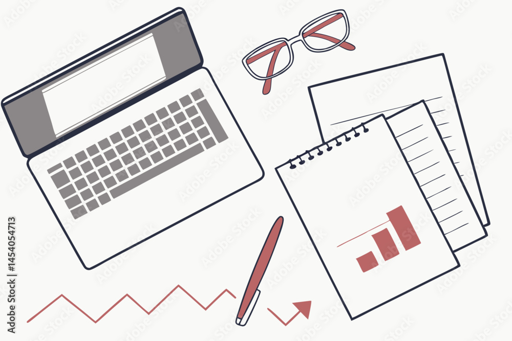 Vector illustration of workspace with laptop, documents and charts Vector illustration of workspace with laptop, documents and charts