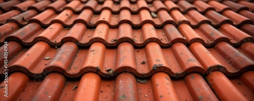 Close-up texture of aged red roof tiles, Prague , masonry, red, surface