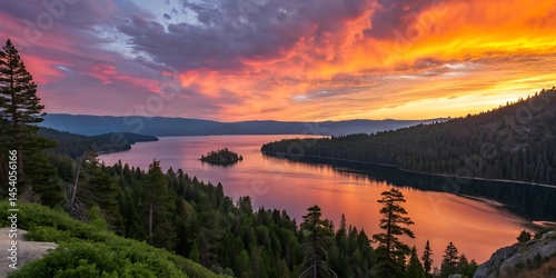 Fototapeta Naklejka Na Ścianę i Meble -  Panoramic view of lake tahoe at sunset with colorful sky and evergreen trees on the shoreline