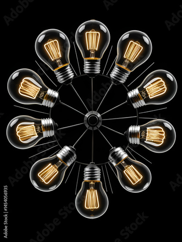 The concept of an idea is represented on a black background with perpetual motion and light bulbs photo