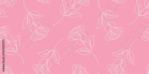 seamless pattern with roses in line art style, white hand drawn roses on pink background vector illustration, abstract modern design for wrapping paper, wallpaper, textile,prints,banner