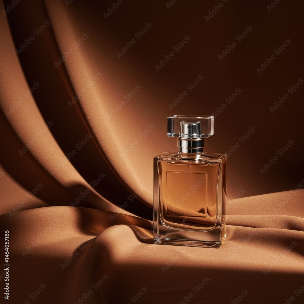 Elegant transparent perfume bottle with a modern square design and crystal stopper displayed on silky satin fabric background with warm brown tones for luxury concept Elegant transparent perfume bottle with a modern square design and crystal stopper displayed on silky satin fabric background with warm brown tones for luxury concept