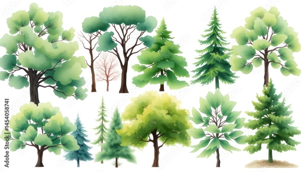 Fototapeta premium Watercolor Tree Collection: Diverse Forest Elements for Illustration and Design, Representing Nature and Growth