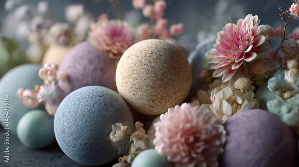 Obraz premium Pastel easter eggs and spring flowers still life photography for easter holiday celebration card background