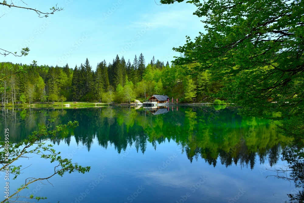 Lodge at the shore of lago di fusine inferiore in municipality of Tarvisio, Italy