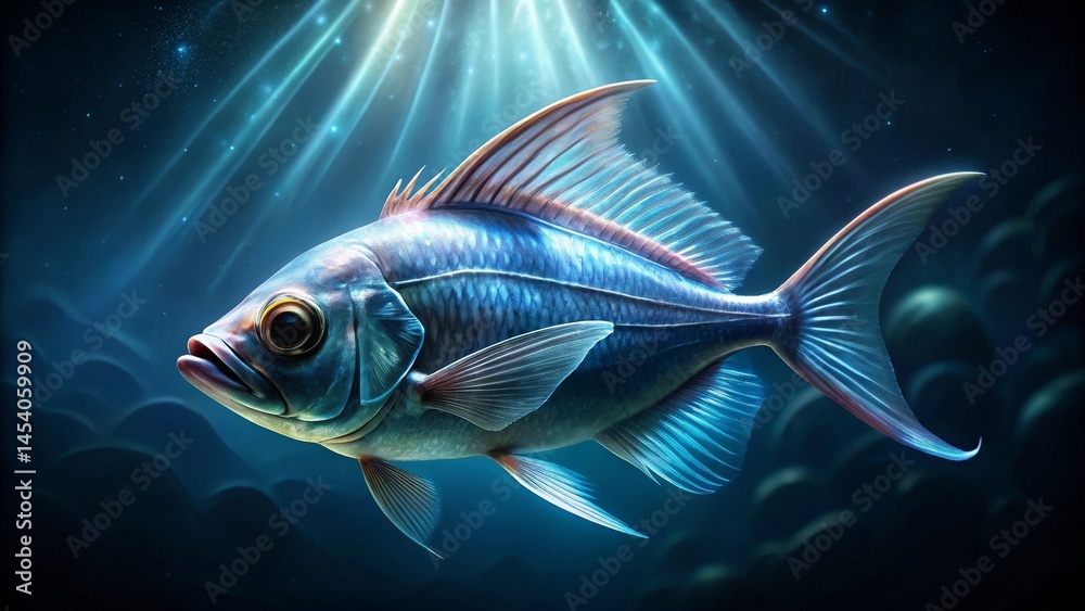 An aquatic creature, illuminated by ethereal underwater light beams, gracefully swims through the deep ocean's mysterious depths. An aquatic creature, illuminated by ethereal underwater light beams, gracefully swims through the deep ocean's mysterious depths.