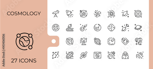 Cosmology icon set. Astronomy icon set. Contain linear sign astronomy, constellation, solar system, space, eclipse, universe and more. Editable vector art and illustration.
