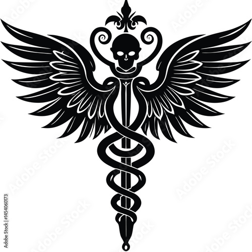 Caduceus Medical Symbol vector Silhouette illustration Baroque-inspired silhouette of caduceus