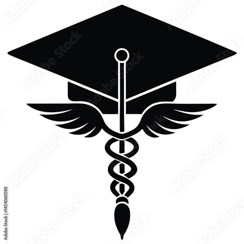Caduceus Medical Symbol vector Silhouette illustration Graduation cap with floating caduceus silhouette