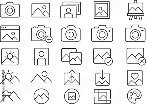 Photography Icon Set: A comprehensive collection of line art icons representing various aspects of photography, including cameras, images, landscapes, and editing tools.  Perfect for websites.