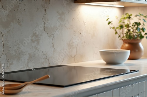 Modern kitchen countertop with induction cooktop and stylish decor elements