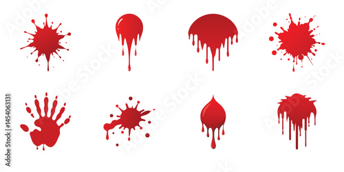 set of red ink splashes blood on white background