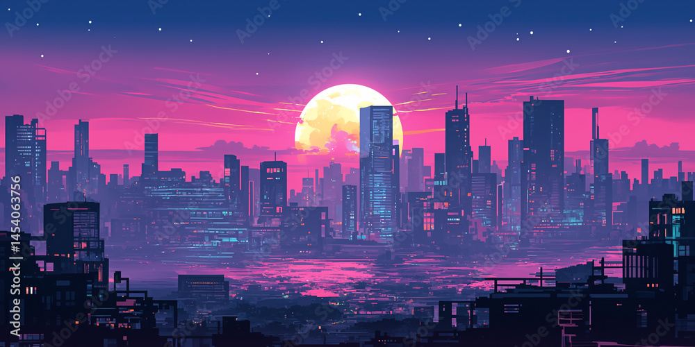 Obraz premium ピンクとブルーに染まる夕暮れから夜への移ろいを描いた都市の夜景と三日月｜高層ビル群の光が水面に反射する幻想イラスト