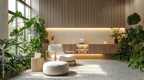 Calm corner space with scented diffuser, onboarding kit, and resting seat, employee reflecting, photo-realistic