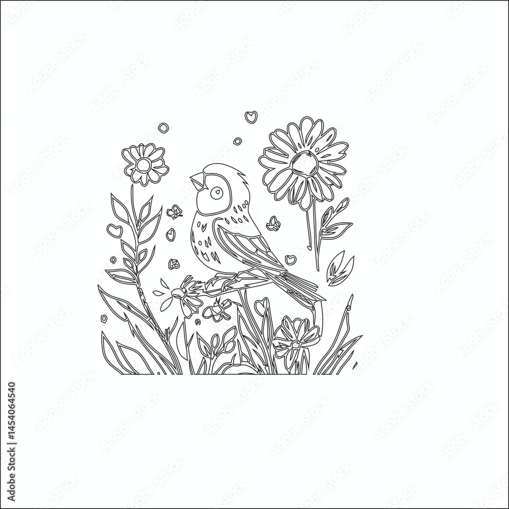 Obraz premium Intricate Bird and Floral Illustration – Detailed Black and White Line Art for Coloring, Design, and Artistic Inspiration