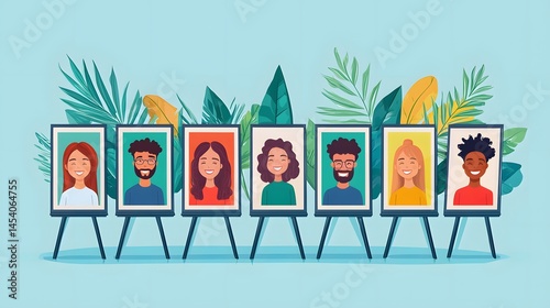 Vector onboarding badge display stand showing smiling avatars and achievement icons