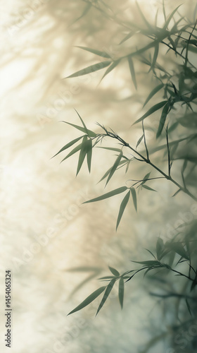 Painterly bamboo leaves silhouette soft beige green misty background serene