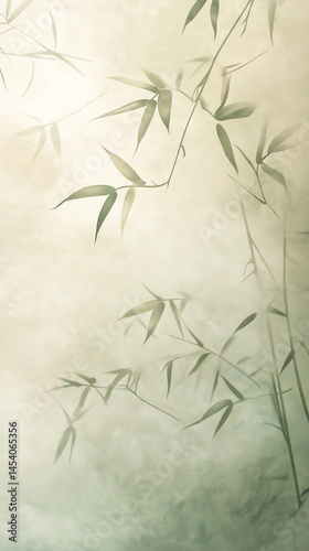 Minimalist bamboo stalks leaves soft focus misty light background delicate