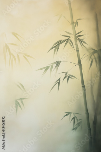 Tall bamboo stalks silhouette atmospheric misty yellow beige background art