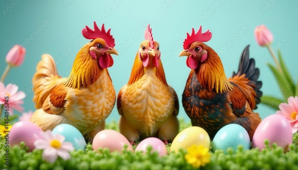 Fototapeta premium Three colorful chickens amidst pastel Easter eggs and spring flowers , orange, farm
