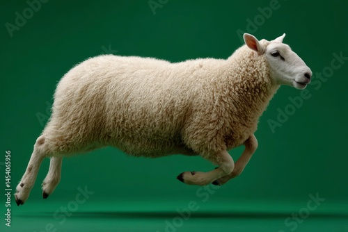 Sheep Running Fast Isolated on Green Background in Studio Shot