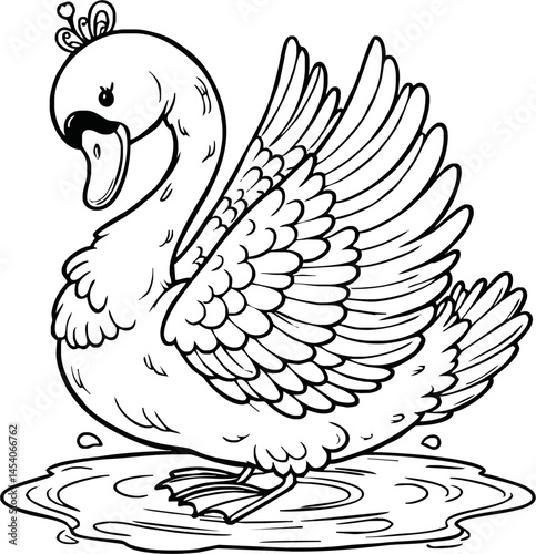  swan line art cartoon illustration floating calmly on water. Ideal for coloring pages, educational materials, and nature-themed designs.