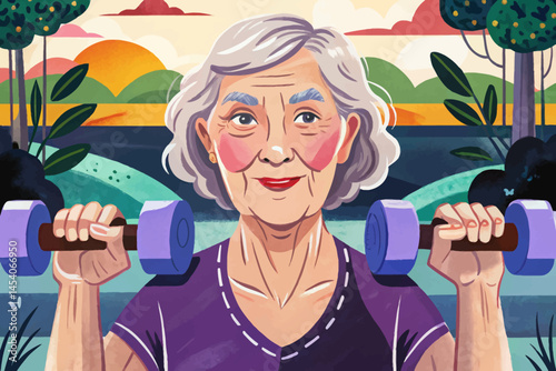 Active senior woman working out in gym with fitness equipment, promoting strength, vitality, and healthy aging. Ideal for wellness at any age, senior fitness, and active lifestyle campaigns