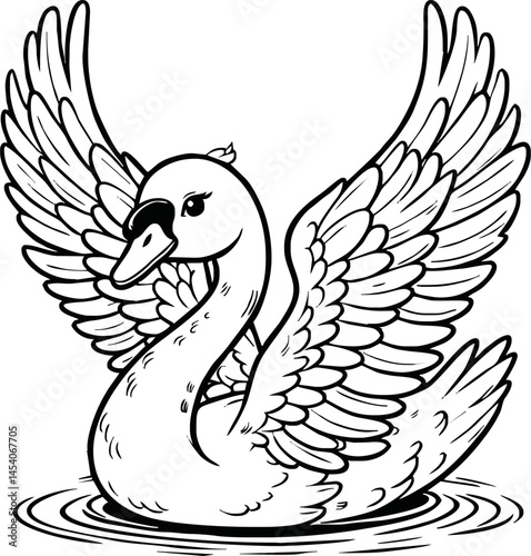 swan line art cartoon illustration floating calmly on water. Ideal for coloring pages, educational materials, and nature-themed designs.
