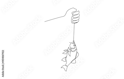 Continuous one line drawing of hand showing fish on hook, single line art