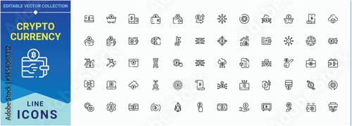 Crypto Currency icon set. Contains outline symbols like currency, payment, crypto, coin. Finance modern icon set. Outline icons pack. Editable stroke. Pixel Perfect.