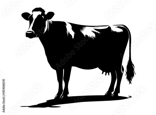A black and white silhouette of a cow on a white isolated background. Vector graphics. EPS.
