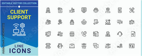 Client Support icon collection. Contains such symbols as service, assistant, support, feedback. Customer Service line icon set. Minimal icons set. Editable stroke. Vector collection.