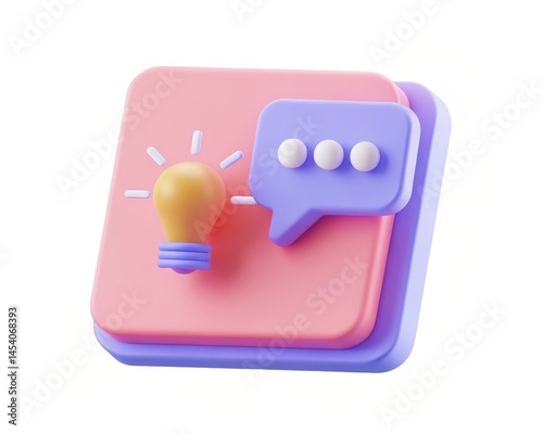 A pastel 3D icon with a lightbulb and speech bubble, symbolizing ideas and communication, on a pink and purple square background.
