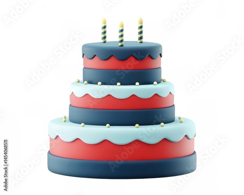A three-tiered birthday cake with blue and red icing, decorated with three striped candles on top.