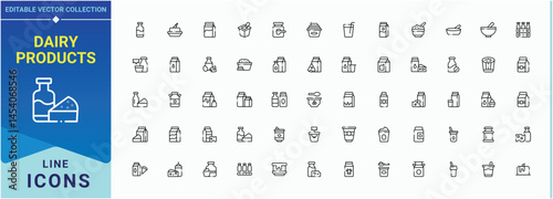 Set of Dairy Products line icon. Pictograms of farming, milk products, beverage, drink, food and more. Icons for UI design. Dairy Farm icon collection. Pixel perfect. Editable vector.