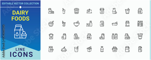 Dairy Foods line icon set. Pictograms of dairy farm, milk products, farming, dairy and more. Dairy Products related icon set. Thin outline icons pack. Pixel perfect. Vector illustration.