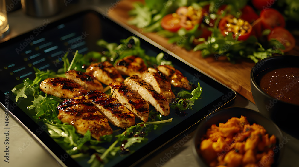 Grilled chicken breast slices served on a bed of fresh arugula, accompanied by a side salad and a bowl of sweet potato. Delicious and healthy meal. Grilled chicken breast slices served on a bed of fresh arugula, accompanied by a side salad and a bowl of sweet potato. Delicious and healthy meal.