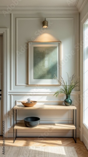 Elegant hallway interior with framed artwork and minimalist decor in sunlight