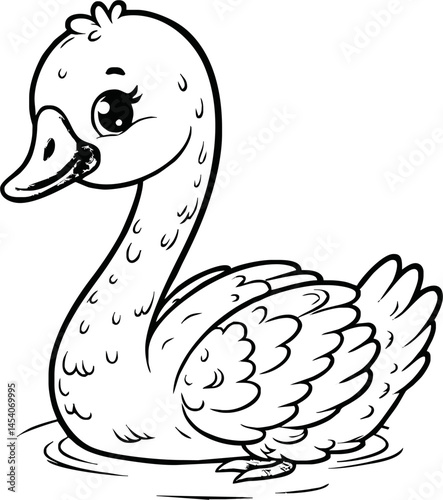  swan line art cartoon illustration floating calmly on water. Ideal for coloring pages, educational materials, and nature-themed designs.