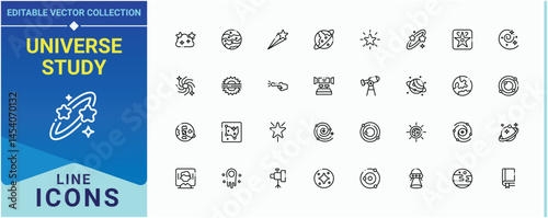 Universe Study icon set. Pictograms of space, cosmos, eclipse, galaxy, constellation and more. Cosmology icon set. Minimalist icons collection. Pixel perfect. Editable vector.