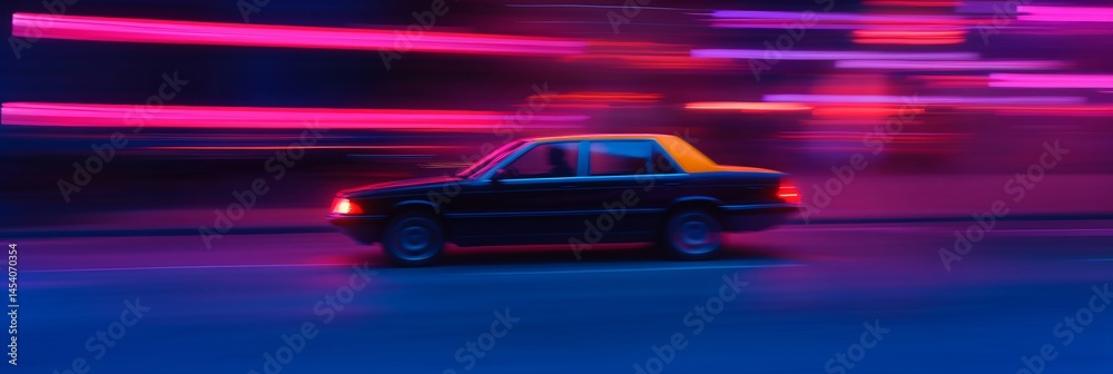 Naklejka premium Fast moving car at night with neon light trails. Urban street scene with motion blur effect. Speeding vehicle on city road. Colorful nightlife photography concept.