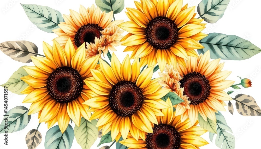Obraz premium Elegant watercolor floral display with vibrant sunflowers and contrasting leaves, artful botanical illustration