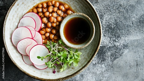 Minimalist plating of natto with sliced radish, soy dipping bowl, and microgreens photo