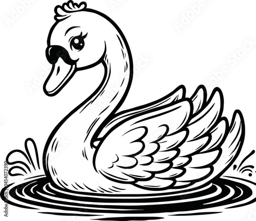  swan line art cartoon illustration floating calmly on water. Ideal for coloring pages, educational materials, and nature-themed designs.