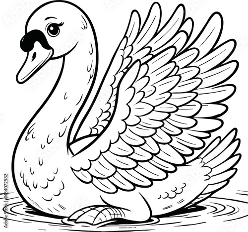  swan line art cartoon illustration floating calmly on water. Ideal for coloring pages, educational materials, and nature-themed designs.